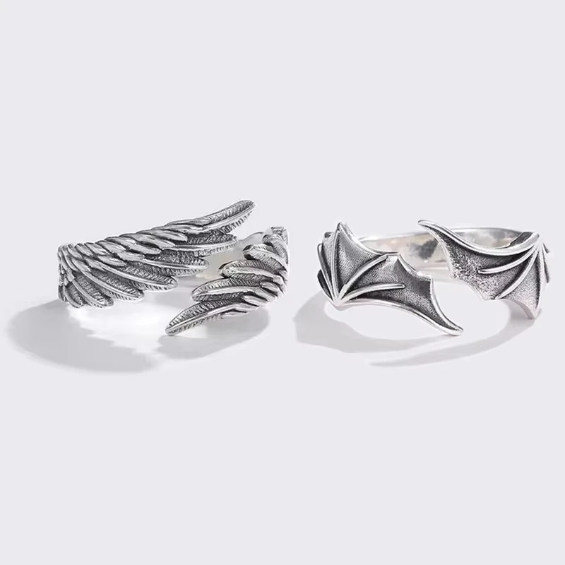 FTCY 2 Pcs Vintage Angel Devil Wings Adjustable Rings for Men Women Hip Hop Retro Silver Color Couples Rings Party Gifts Jewelry