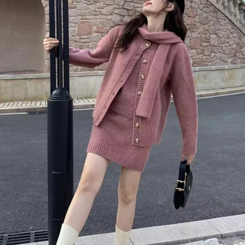 2024 Winter New Ins Style Fashion Luxury Four-piece Set for Women Slim Fit Daily Cardigan Top Sweet Hot Short Skirt and Scarf