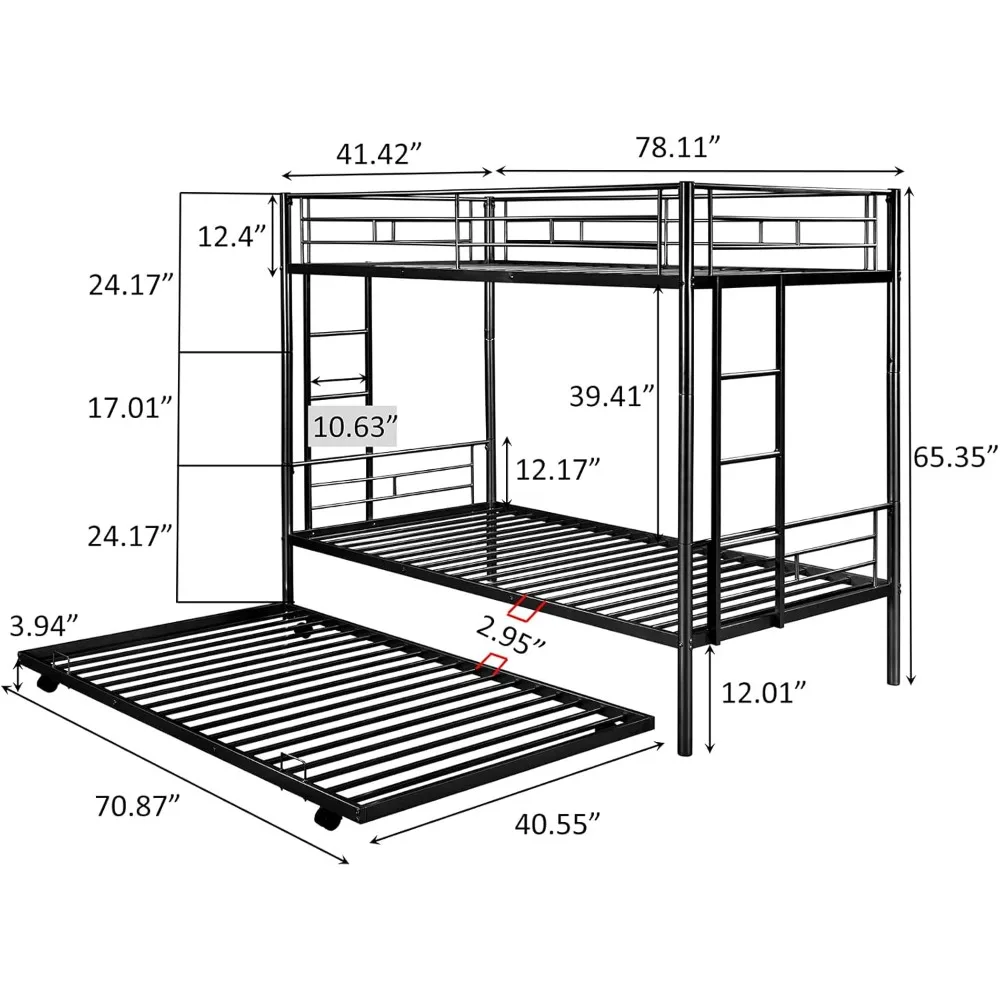 Litera doble sobre doble de metal con cama nido, estructura de litera resistente con 2 escaleras laterales, litera convertible con rieles de protección