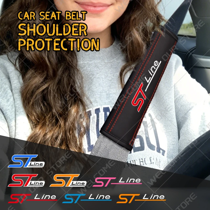 2 uds para ST Line emblema Logo Focus Mk2 Mondeo Kuga Fiesta Edge cuero cinturón de seguridad de coche almohadillas de cubierta de hombro decoración Interior