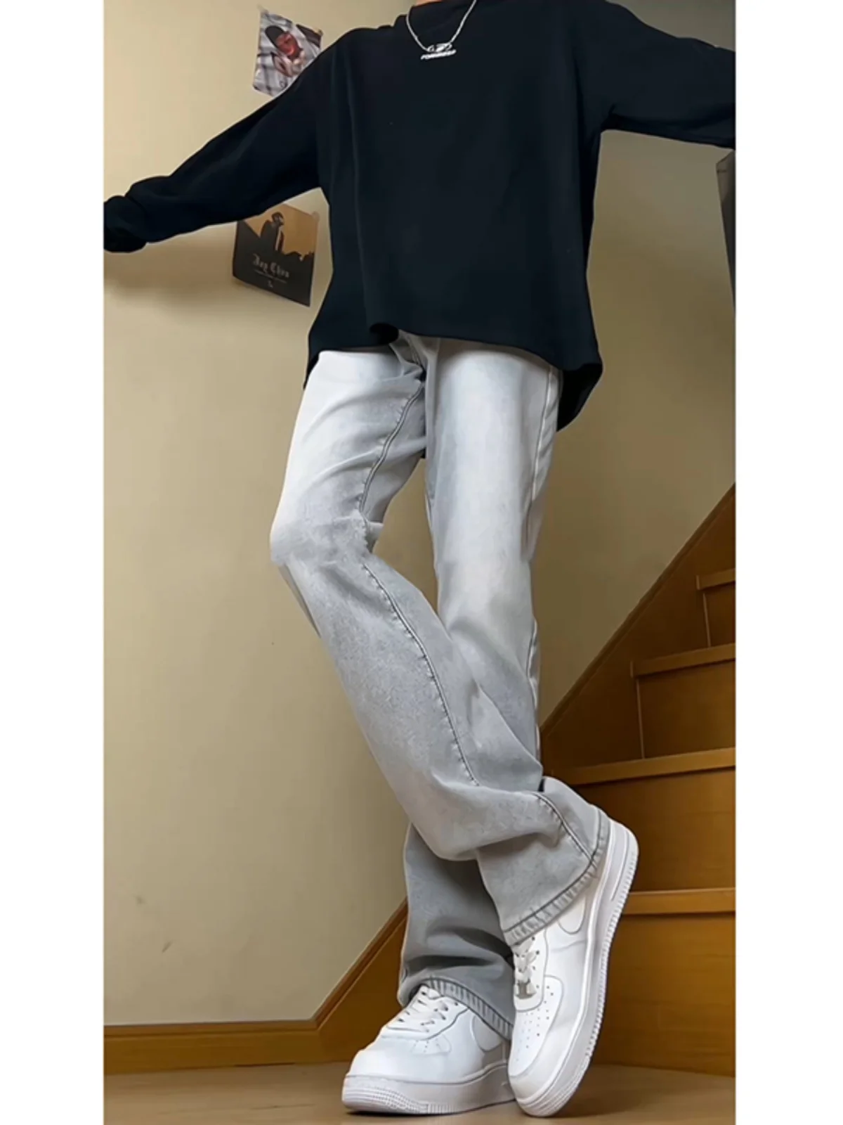 

Мужские джинсы American Sle Fce с подкладкой, осенне-зимние, прямые, с расклешением, с высокой талией, на молнии, повседневные, модные