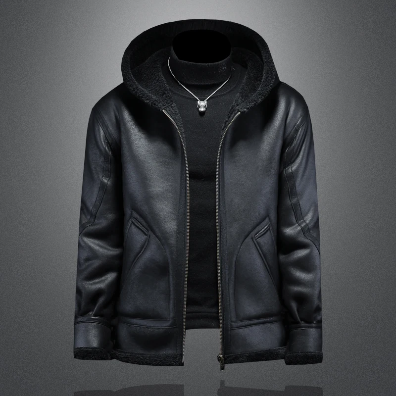 

Men's Leather Jacket Winter Thickened Fleece Lined Casual Loose Warm Coat Hooded American Style New Arrival for Youth