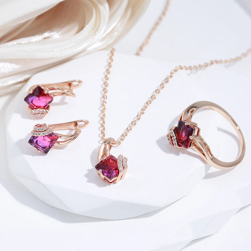 SYOUJYO Vintage Garnet Red Natural Zircon Jewelry Sets 585 Rose Gold Color Fashion Dress Collocation Necklace Earrings Ring Gift