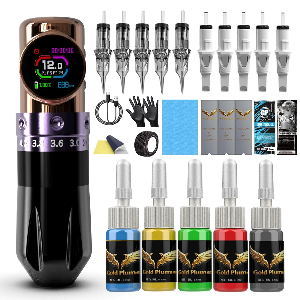 Tattoo Pen Kit with Adjustable Color Touch-Screen Wireless Battery, 10Pcs Tattoo Cartridge Needles, 7-Color 30ML Tattoo Ink Set, All-In-One Complete Tattoo Kit for Beginners & Artists