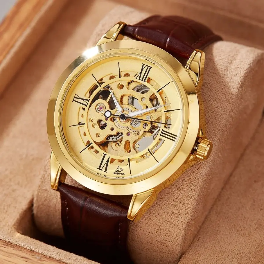 Shenhua Fashion Vintage Watches Men Stainless Steel Automatic Mechanical Watches Men Skeleton Watches Relogio Masculino