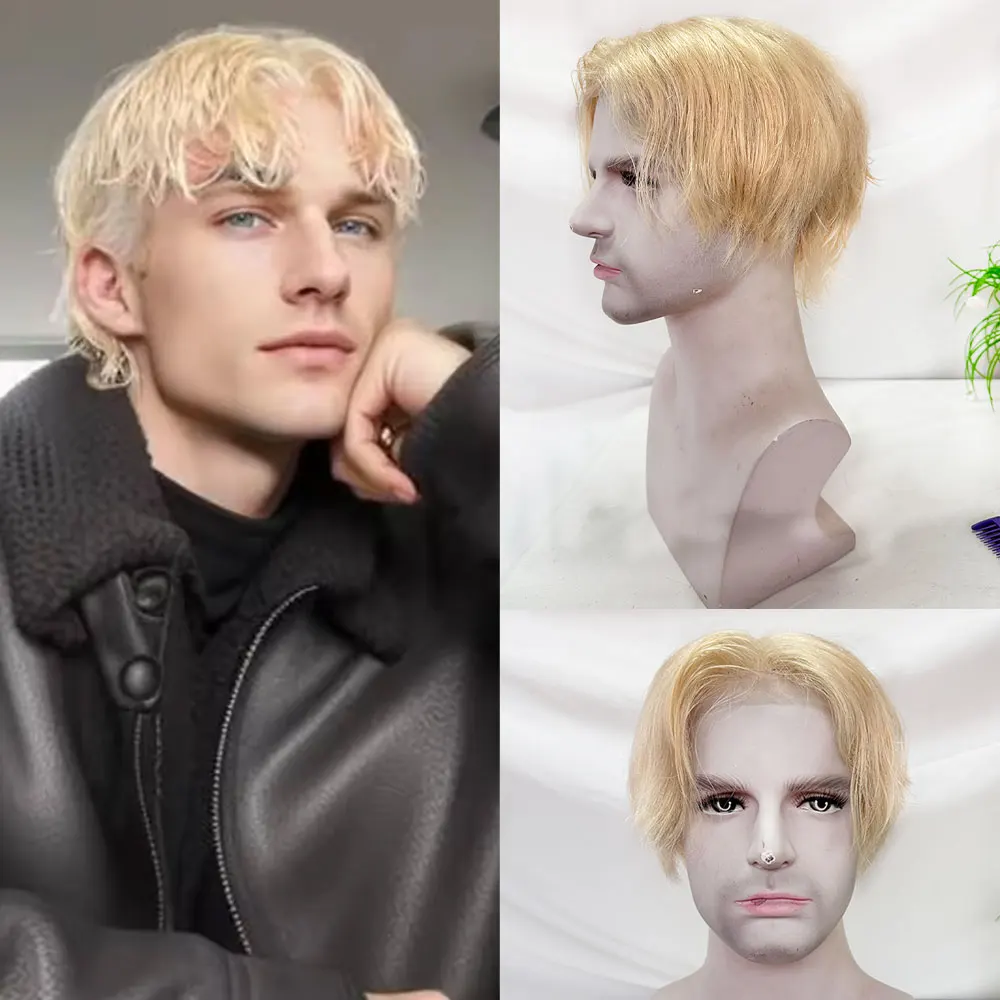 Men's Short Blonde 613 Cut Wig Gold Hair Fashion Full Lace Human Pre-Style Male Wigs for Quick Change in Look