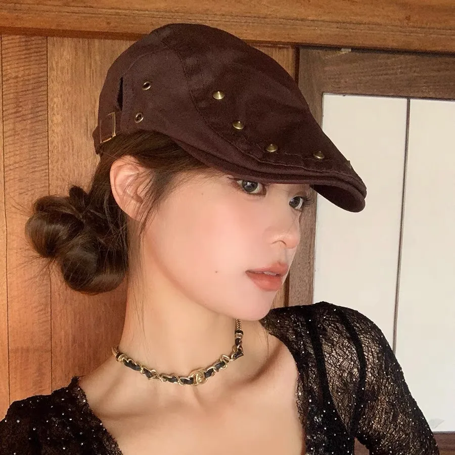 Men Punk Studded Gatsby Newsboy Cabbie Hat Women Designer Rivet Cotton Golf Beret Cap Adjustable Retro Ivy Irish Painter Hats