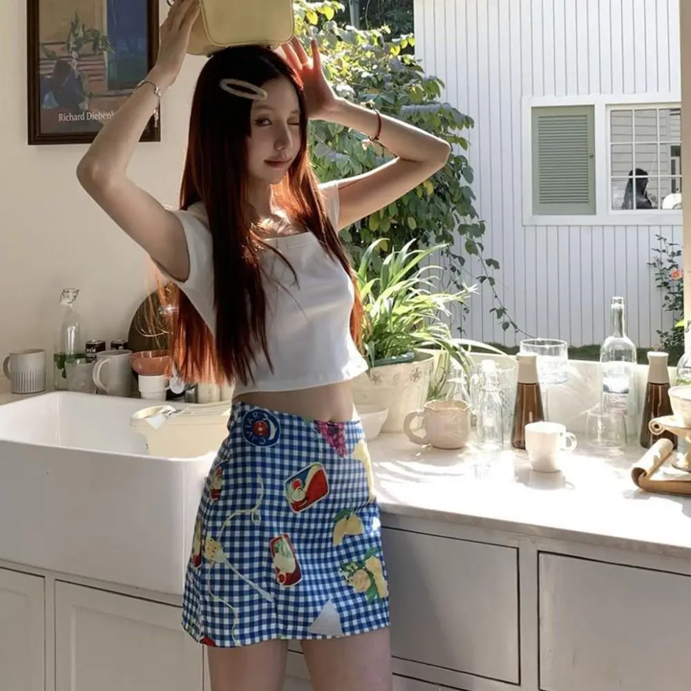 

Fashion Blue Fruity Skirt Niche with Fruit Pattern S-shaped Skirt Short Printed Plaid Skirt Women Girl