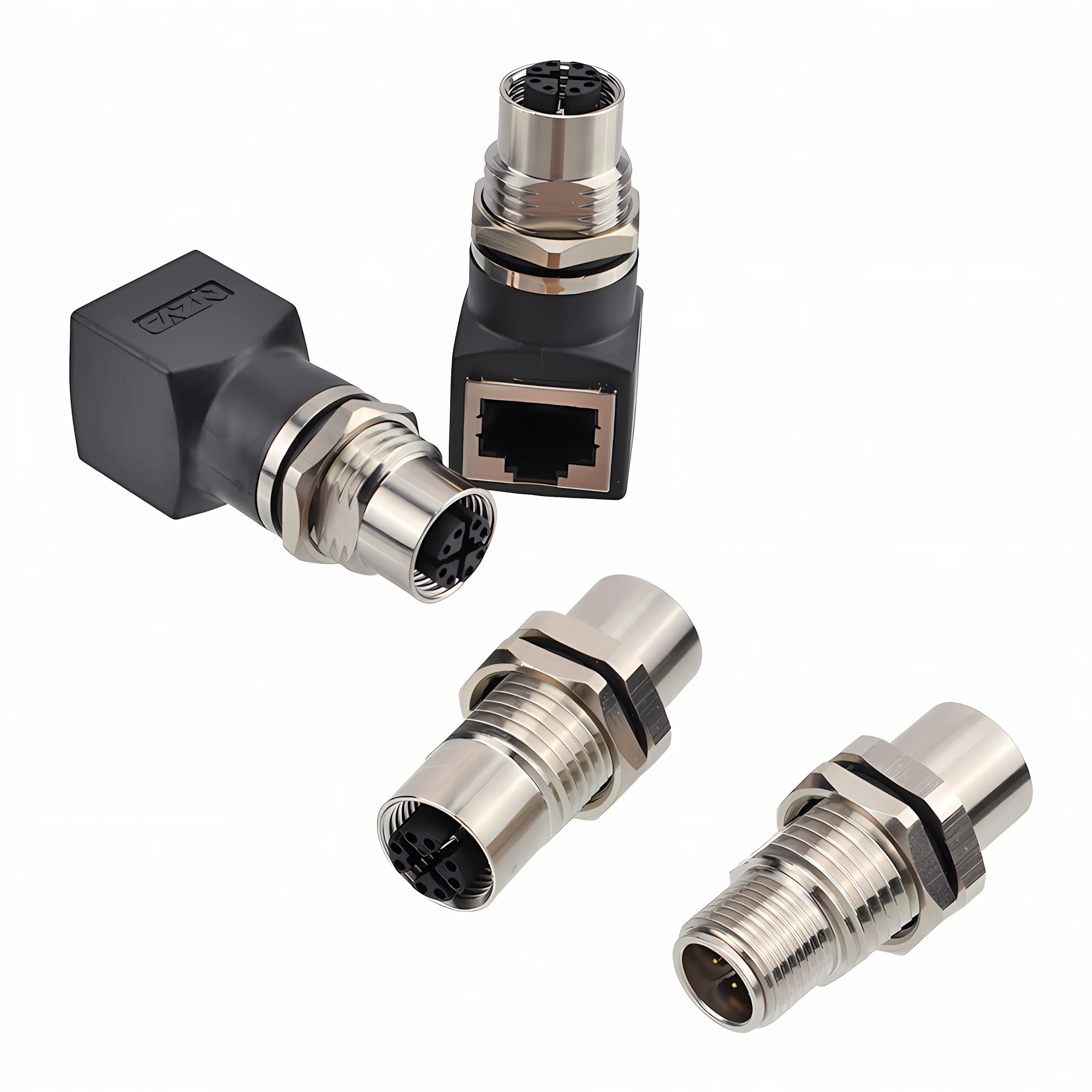 

M12 Waterproof Connector 8pin Core Mother Seat to RJ45 X Coded Straight-bend Hole Rotation Pin I Adapter Socket