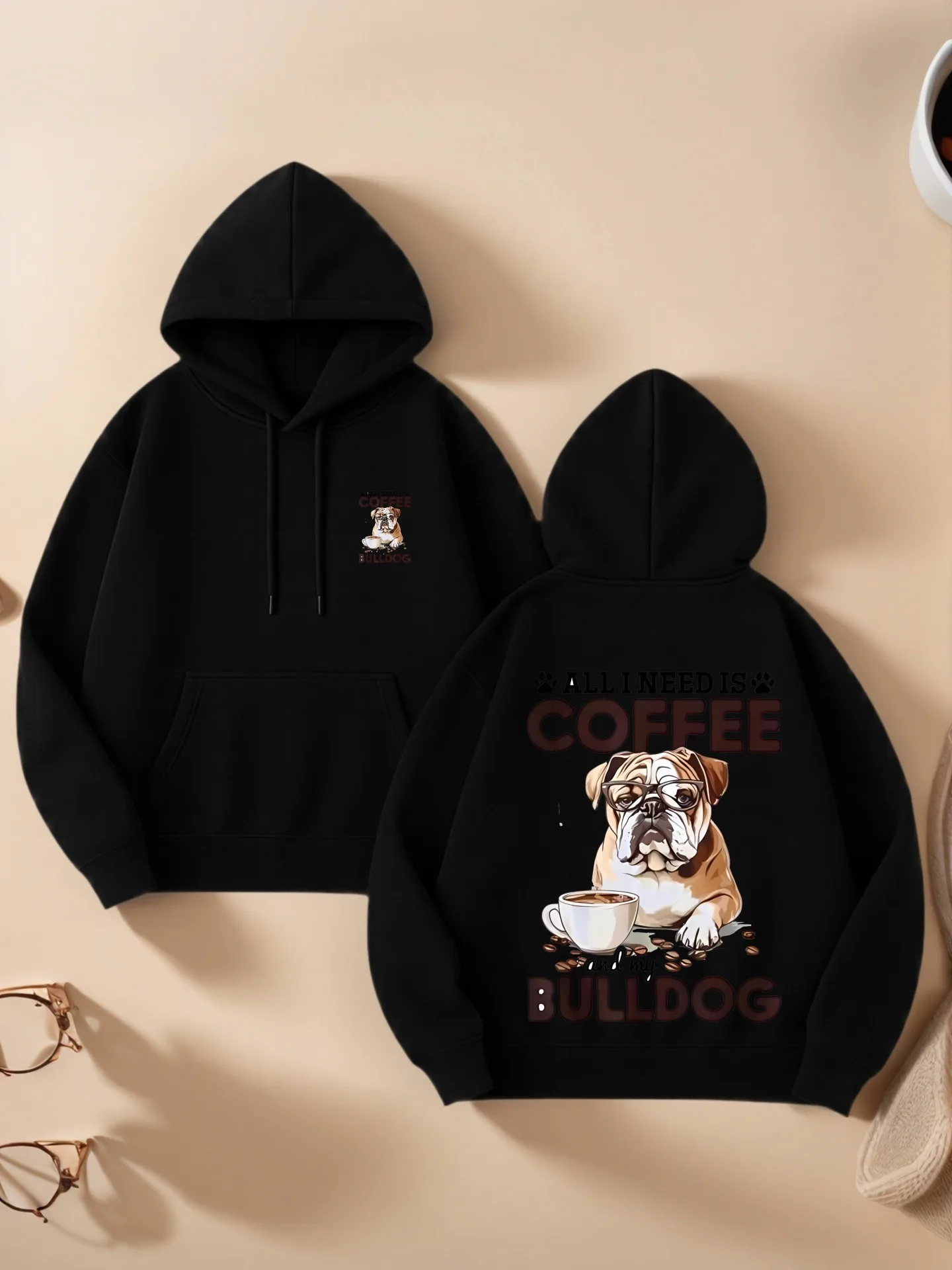 

Graphic Hoodie Women, Cute Dog & Coffee Print, Casual Aesthetic, Soft Fabric, Casual Everyday Wear, For Young Men