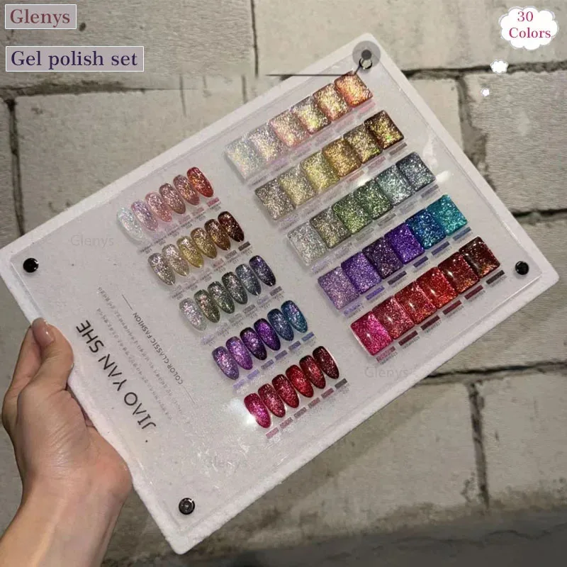 Glenys 30 color porcelain white cat's eye nail polish tape color card semi permanent immersion gel nail art varnish learning set