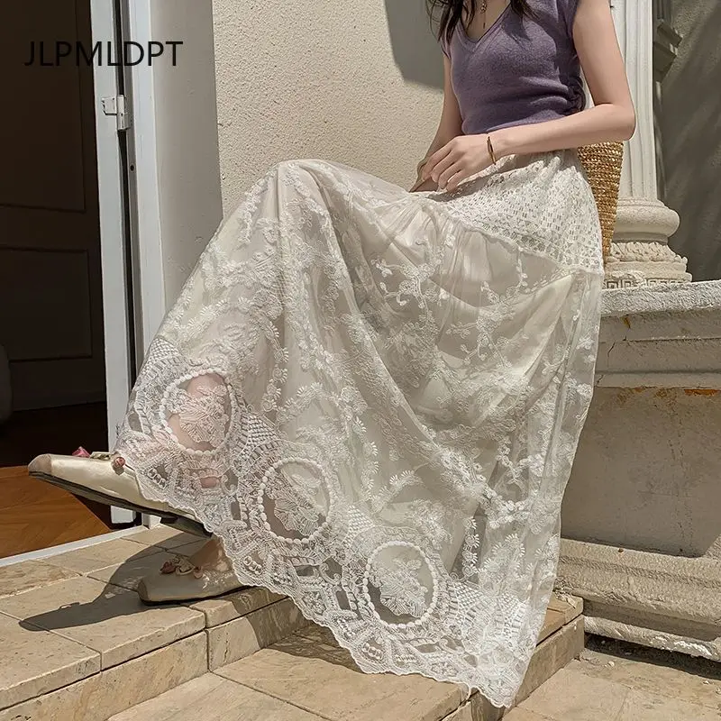 

New Chinese style lace skirt 2025 spring and summer new women's clothing high waist solid color skirt long skirt