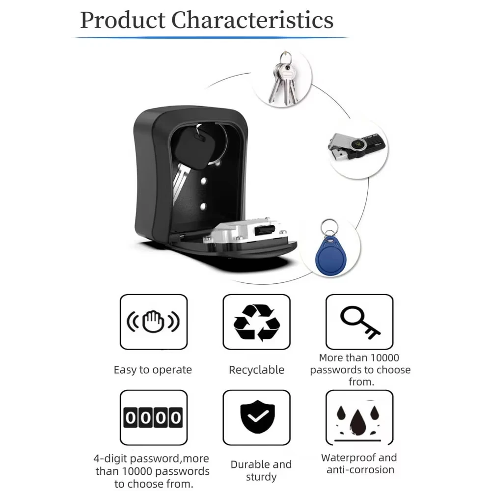 Wandmontage Key Lock Box 4-cijferig wachtwoordcode veiligheidsslot Geen sleutel voor thuiskantoor Sleutelkluis Geheime opbergdoos Organizer