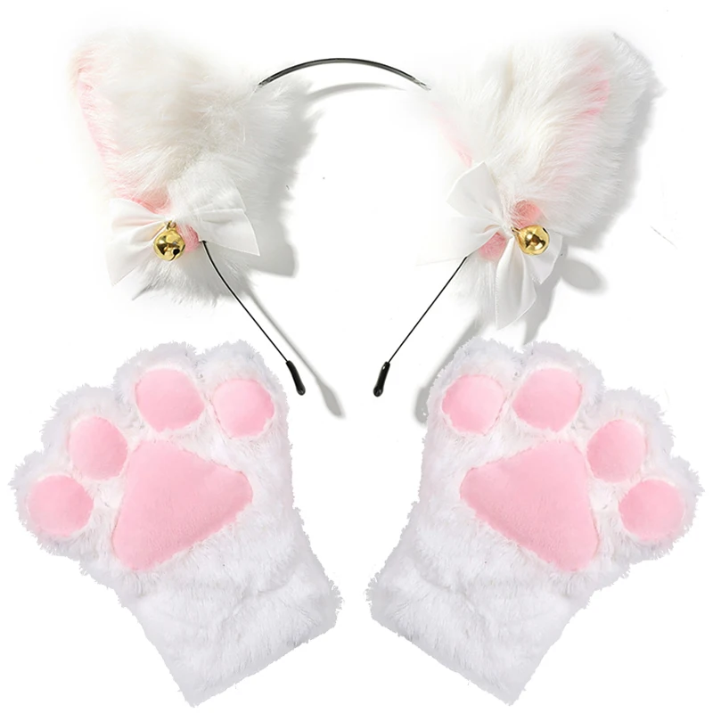 Ensemble de vêtements d'oreille de chat mignon pour filles, gants à griffes, costume de cosplay anime, cloche en peluche, bandeau d'oreille en fourrure de chat, soirée, club, bandes de sauna, 1 ensemble