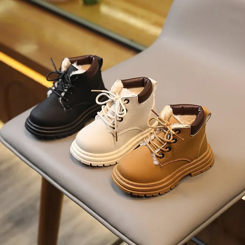 2024 Children Casual Shoes Winter Plush Boots Boy Shoes Fashion PU Leather Soft Antislip Girl Boots Baby Kids Sport Shoes