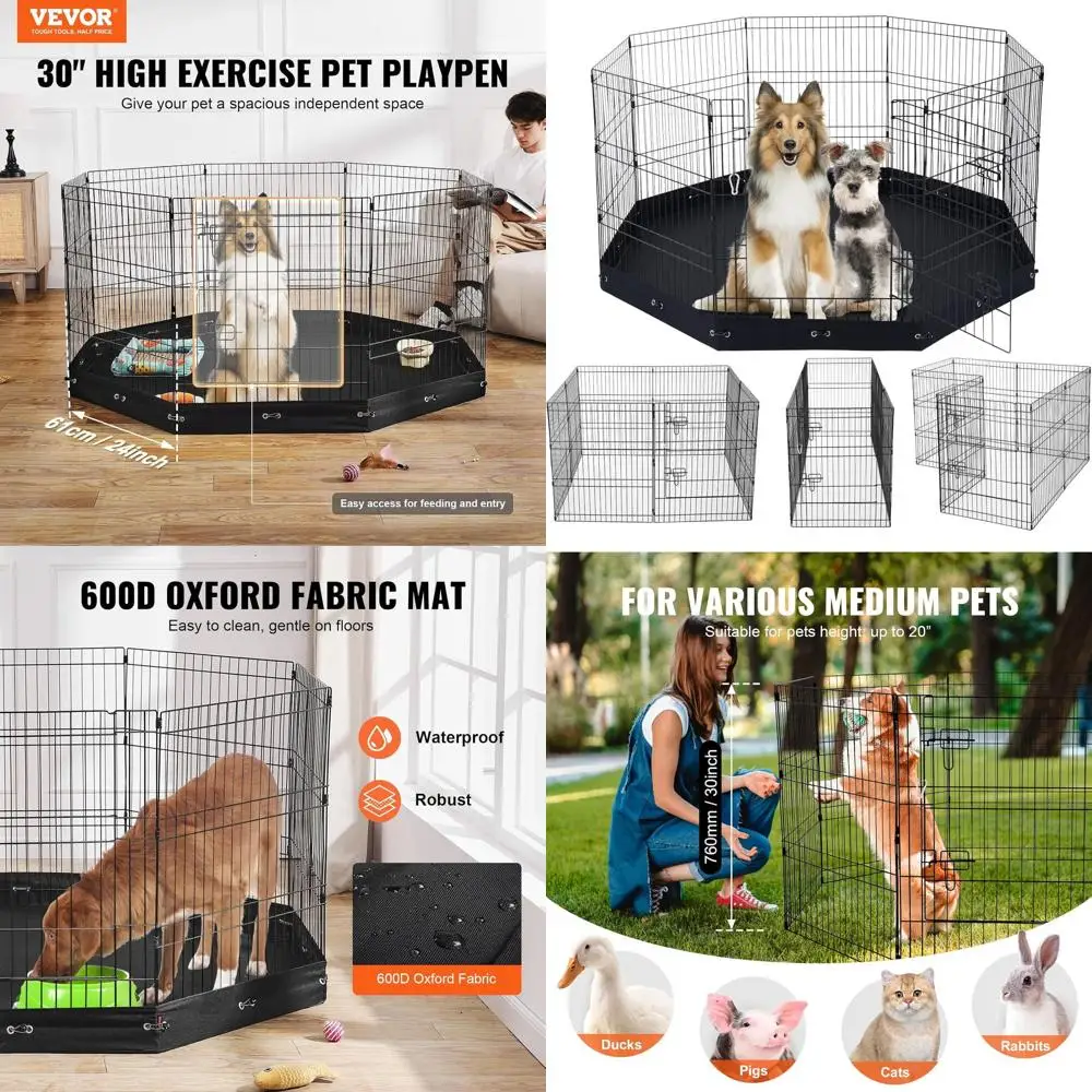 

Foldable Metal Dog Exercise Pen, 8 Panel 30H x 24W, Indoor/Outdoor Pet Fence with Door, Oxford Fabric Base for Dogs, Cats, Small