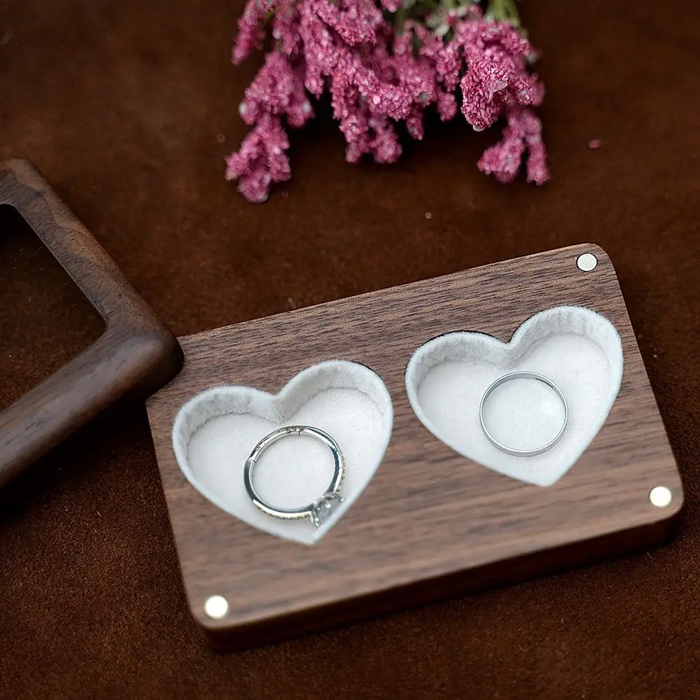 Double Heart Ring Box Double Slot Walnut Wooden Ring Bearer Holder Rectangular Window Design Earring Display Case Mother's Day