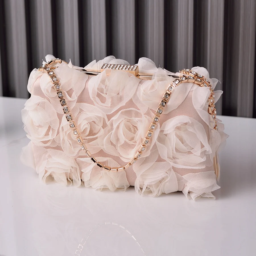 Fashion Box Chiffon Flower Dinner Clip Bag Summer Girl\'s Crystal Chains Small Square Shoulder Bag Flower Wedding Party Handbags