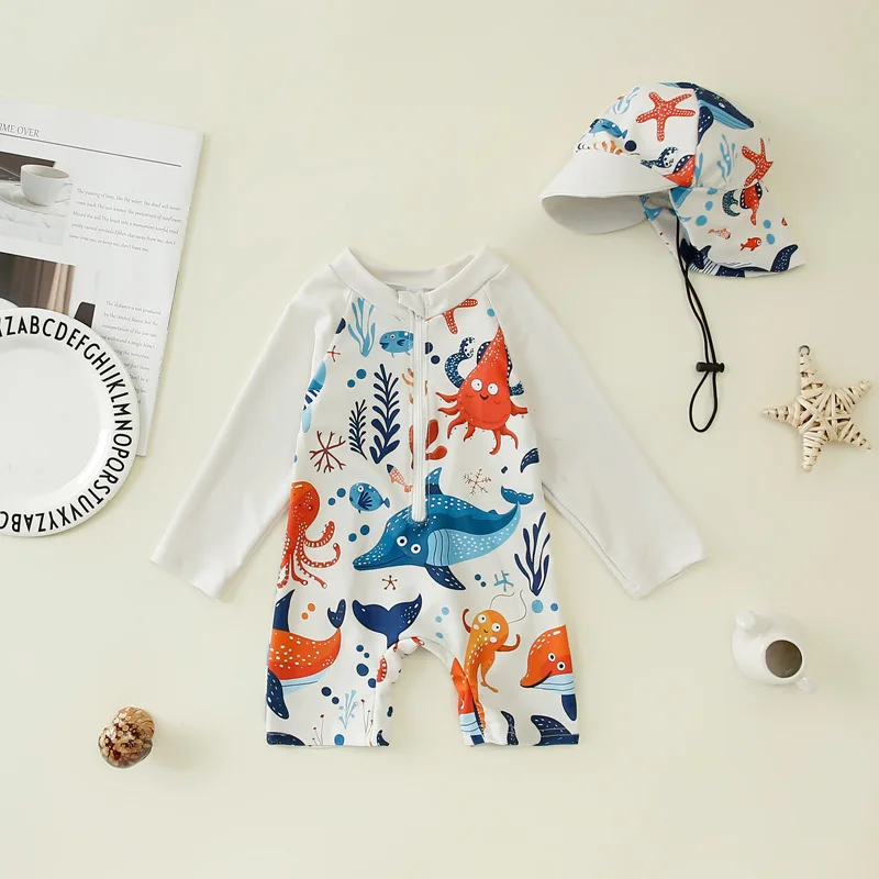 

Цельный купальник для мальчиков + шляпа от солнца, детский купальный костюм с длинными рукавами и принтом акулы и кита, солнцезащитный купальный костюм для серфинга, детский купальный костюм