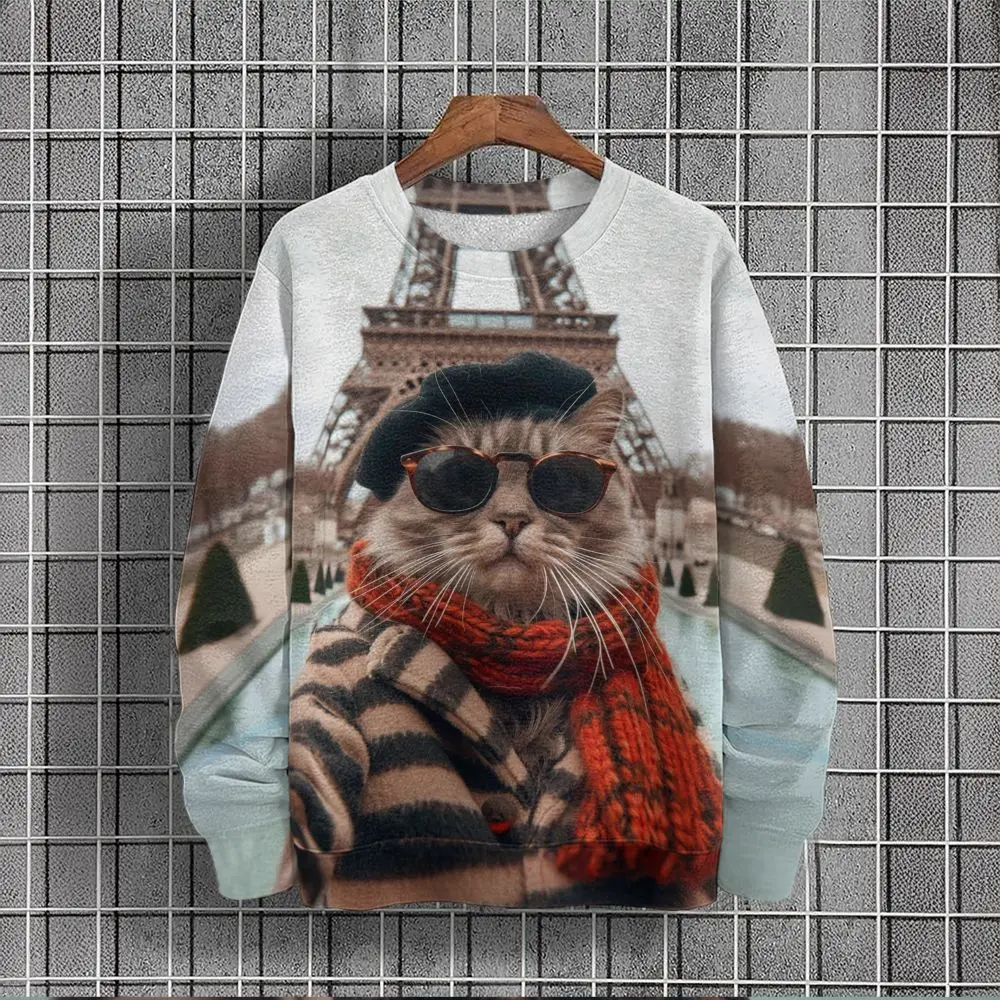 Cat Sweatshirts For Men 3d Cat Wearing Sunglasses Graphic Long Sleeve Loose O-Neck hoodies Oversized Men's Clothing Printed Tee