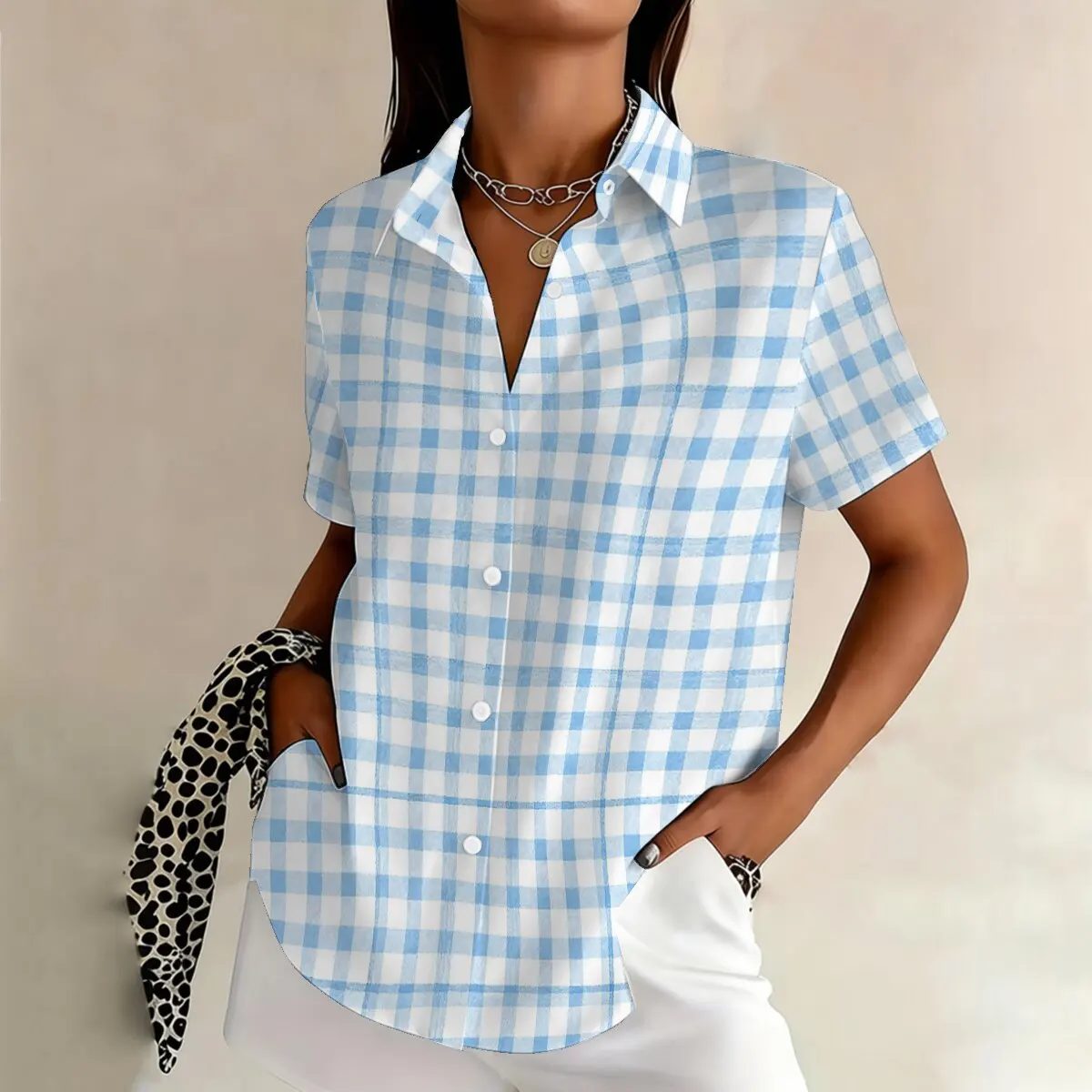 Personalized and minimalist checkered printed summer women's plus size lapel short sleeved shirt, daily casual versatile top