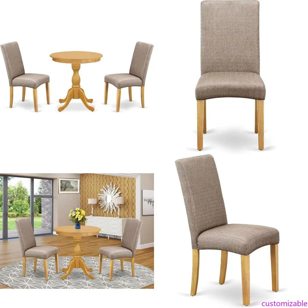 طقم طاولة مطبخ من خشب البلوط مكون من 3 قطع من East West Furniture مع طاولة بقاعدة مستديرة وكرسيين من الكتان الكاكي الداكن #1