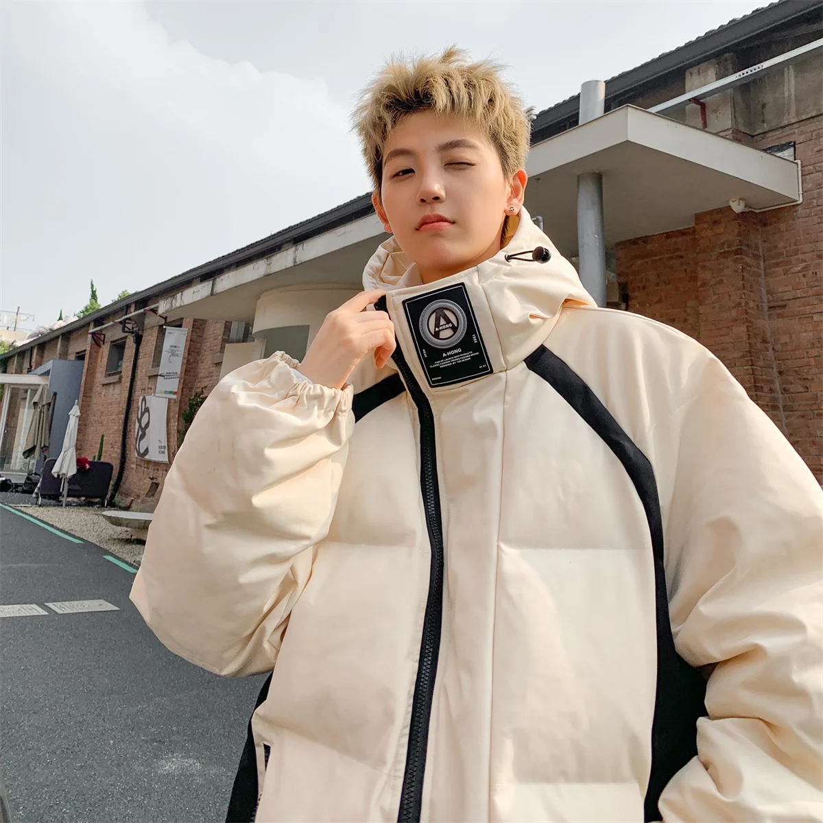 

Thiened American Sle Workwear Cotton Jaet Men's Winter Coat Hooded Patchwork Color Bread Sle Cotton Outerwear