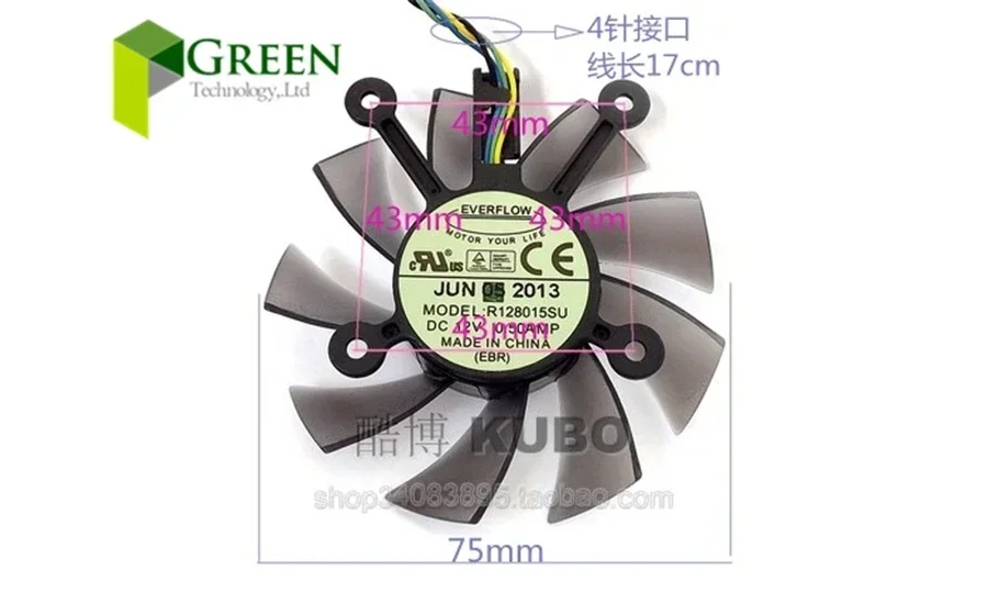 EVERFLOW 43mm*4 Hole Pitch  For Asus 450 GTX460 550TI 560 HD4790 6670 6850 7770 7850Graphics Card fan blade 39mm 12V 0.5A  2Pin