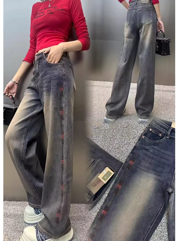 

Embroidered Letter High Waist Denim Pants Women's Straight Leg Wide Leg Jeans Faionable Personali Spring New Design