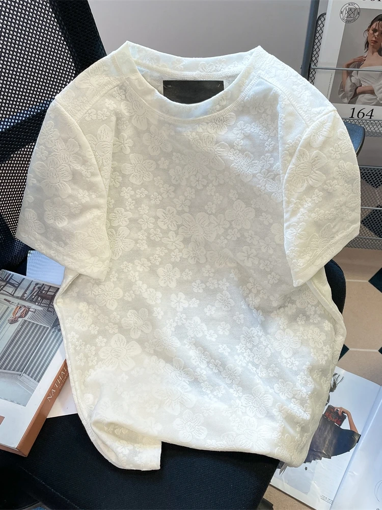 เสื้อยืดลายลูกไม้ปักลายเฉพาะตัวสำหรับผู้หญิง แฟชั่นฤดูร้อน ดีไซน์พิเศษ สวยงาม สไตล์เกาหลี ทรงหลวม