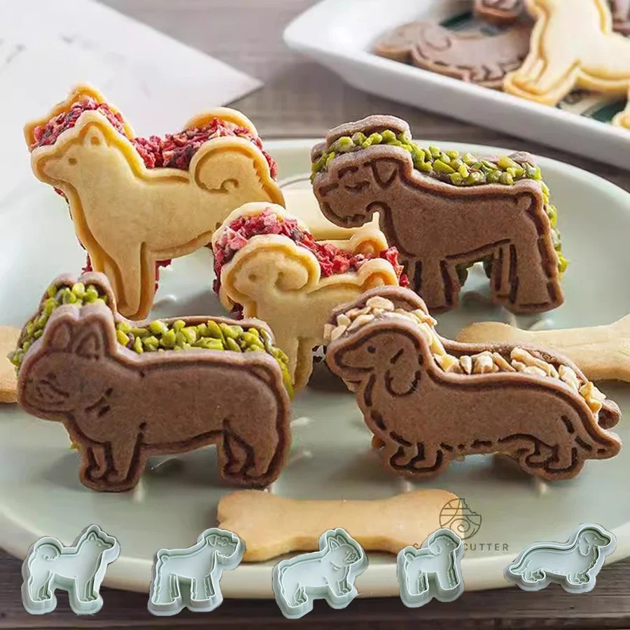 5Pcs/Set Dog Cookie Cutter Mold Cute Puppy Biscuit Stamp Embossers 3D Pastry Nut Jam Sandwich Cookie Hand Pressed Baking Items