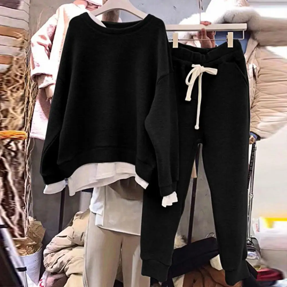 

2 Pcs/Set Women Sweatshirt Pants Set Fake Two-piece Loose Crew Neck Elastic Waist Warm Drawstring Casual Women Autumn Tracksuit
