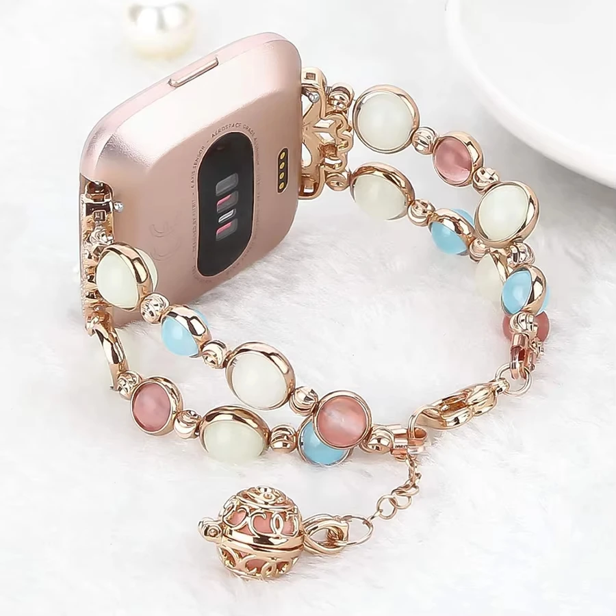 Luxury Metal Strap for Fitbit Versa 2/ Fitbit Versa 3 Sense Bands Bracelets Beaded Handmade Night Luminous Pearl Jewelry Woman