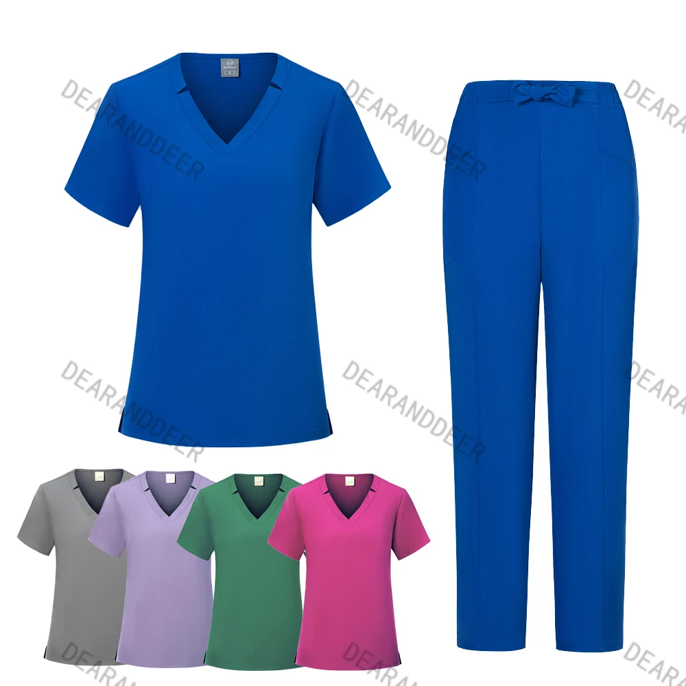 

New matte V-neck shirt with waistband pants medical clinical nursing set beauty pet hospital dental clinic nurse work uniform