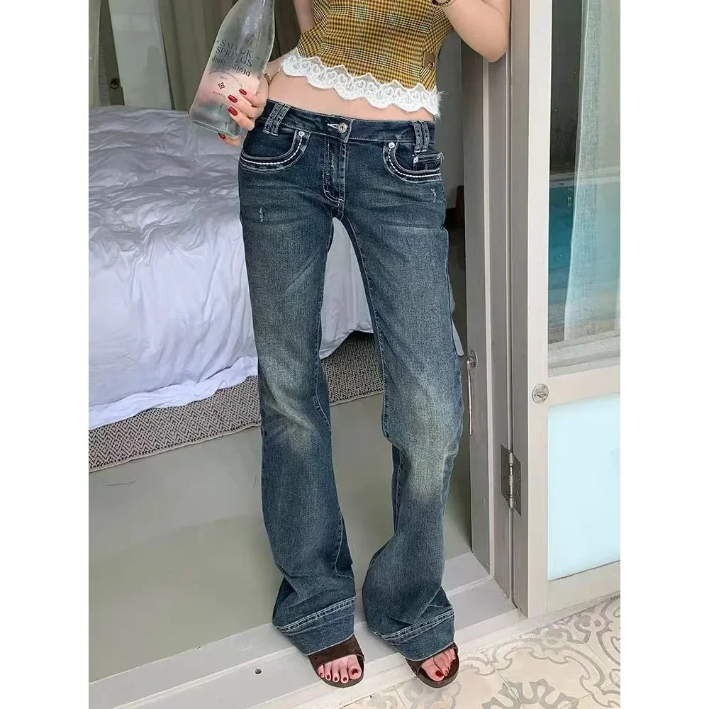 

Джинсы-клеш с низкой талией в американском стиле ретро, женские удобные универсальные потертые брюки длиной до пола, осенний стиль
