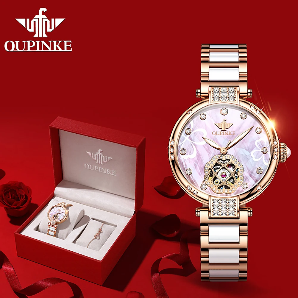 OUPINKE 3183 Luxury Hollow Women Watch Elegant Rose Gold Ceramic Strap Reloj Diamond All Automatic Mechanical Watch Reloj Mujer