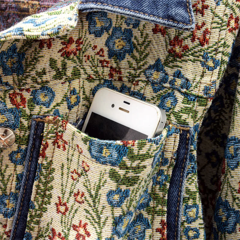 Fashion Embroidery Jacquard Spliced Big Pocket Denim Jacket Women Long Sleeve Cowboy Outerwear Casual Short Jeans Jacket Female