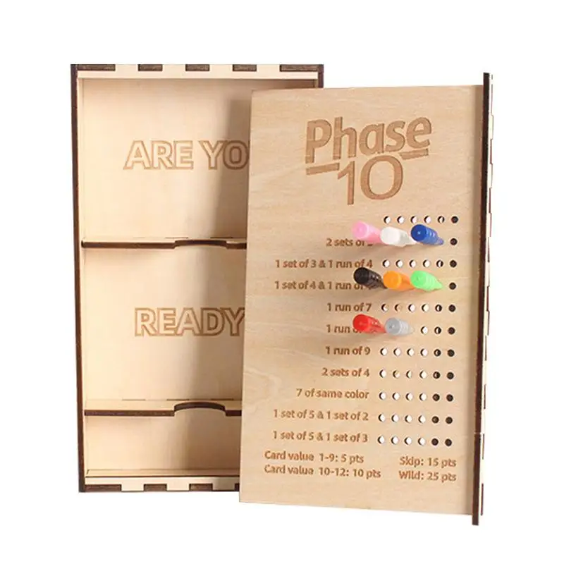 Fase 10 caixa de cartão placar cartas jogo portátil caixa de madeira com pontuação mantendo estacas coloridas caixa de jogo de tabuleiro de madeira para brinquedo da criança