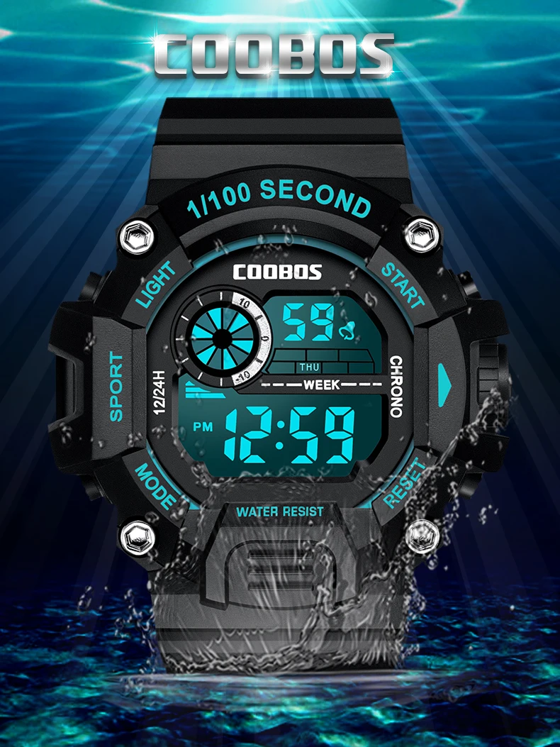 COOBOS 30M Waterproof Digital Watch for Men Sports Electronic LED Wristwatch Casual Luminous Black Blue Man Clock reloj hombre