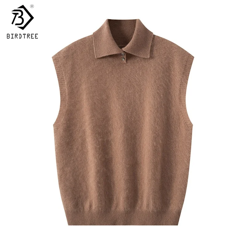 

Birdtree,95% Sheep Wool 5% Cashmere Knitted Vest,Women Lapel Plush Bottoming Tops,2025 Autumn/Winter Warmth Vests T5O003JF