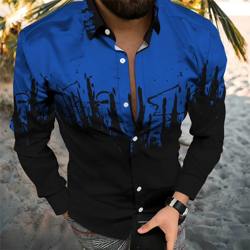 Long Sleeve Striped Hawaiian Shirt Splating Ink 3d Printed Shirts Men Fashion Shirt Lapel Beach Blouse Mens Clothing Cuba Blouse