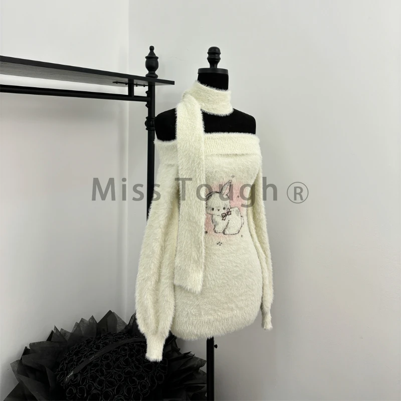 Winter Knit Sweet Elegant Birthday Dress for Women Slash Neck Y2k Kawaii Retro Sweater Dress Female Print Warm Chic Clothing New