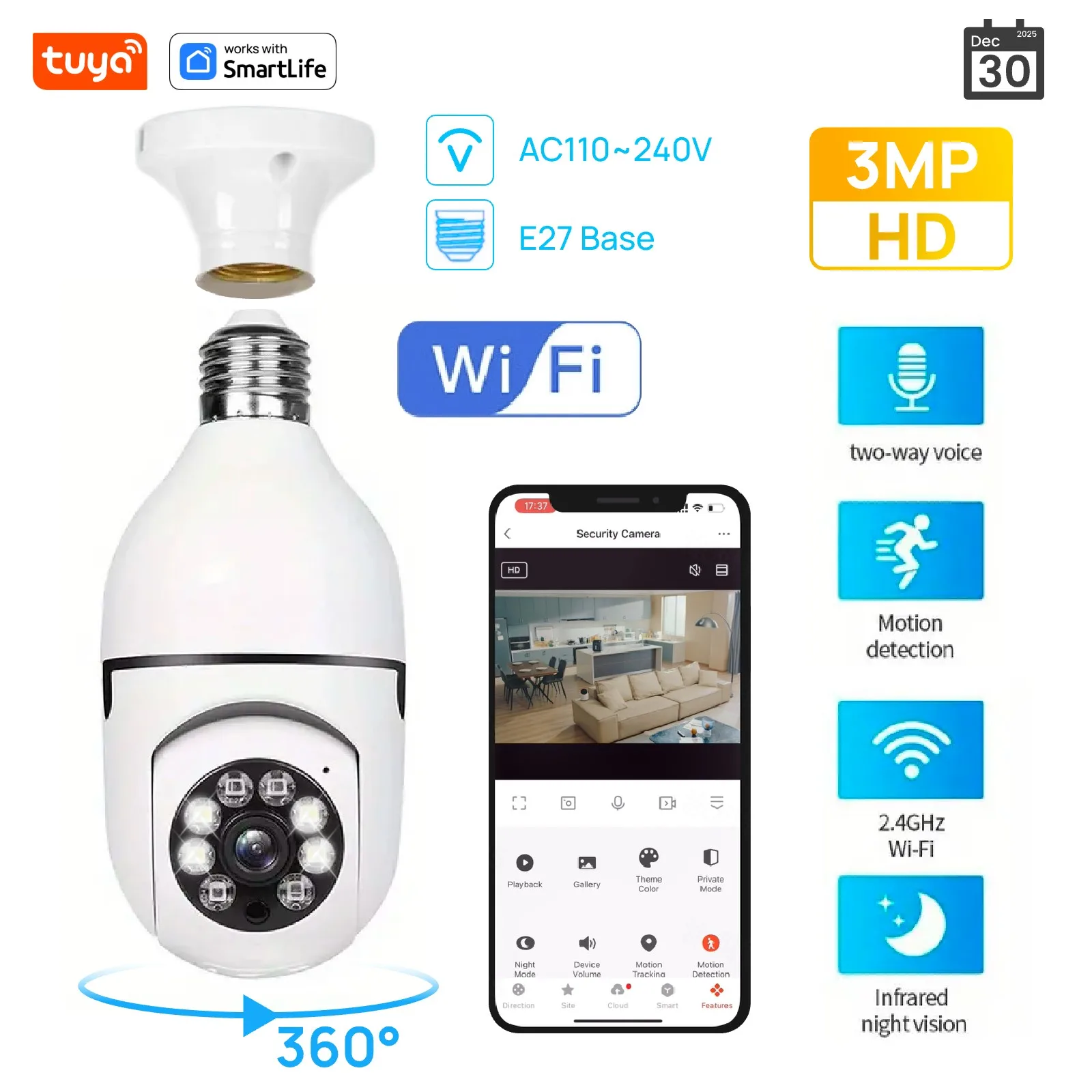 

Умная камера безопасности Tuya E27 2.4G 3MP HD для дома, наблюдения за детьми/пожилыми людьми/питомцами, 100-240В с приложением для телефона, цветное ночное видение, двусторонняя аудиосвязь