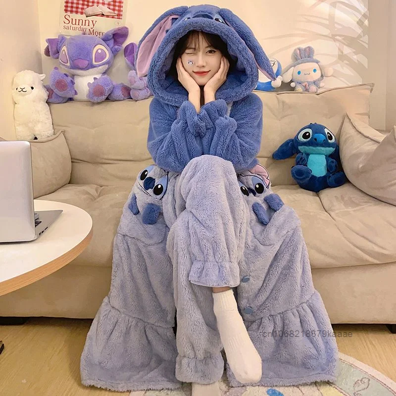 Disney Stitch Coral Velvet Sleeping Robe Korean Version Cute Fashion Thick Nightwear Women\'s Winter New Flannel Home Clothes Set