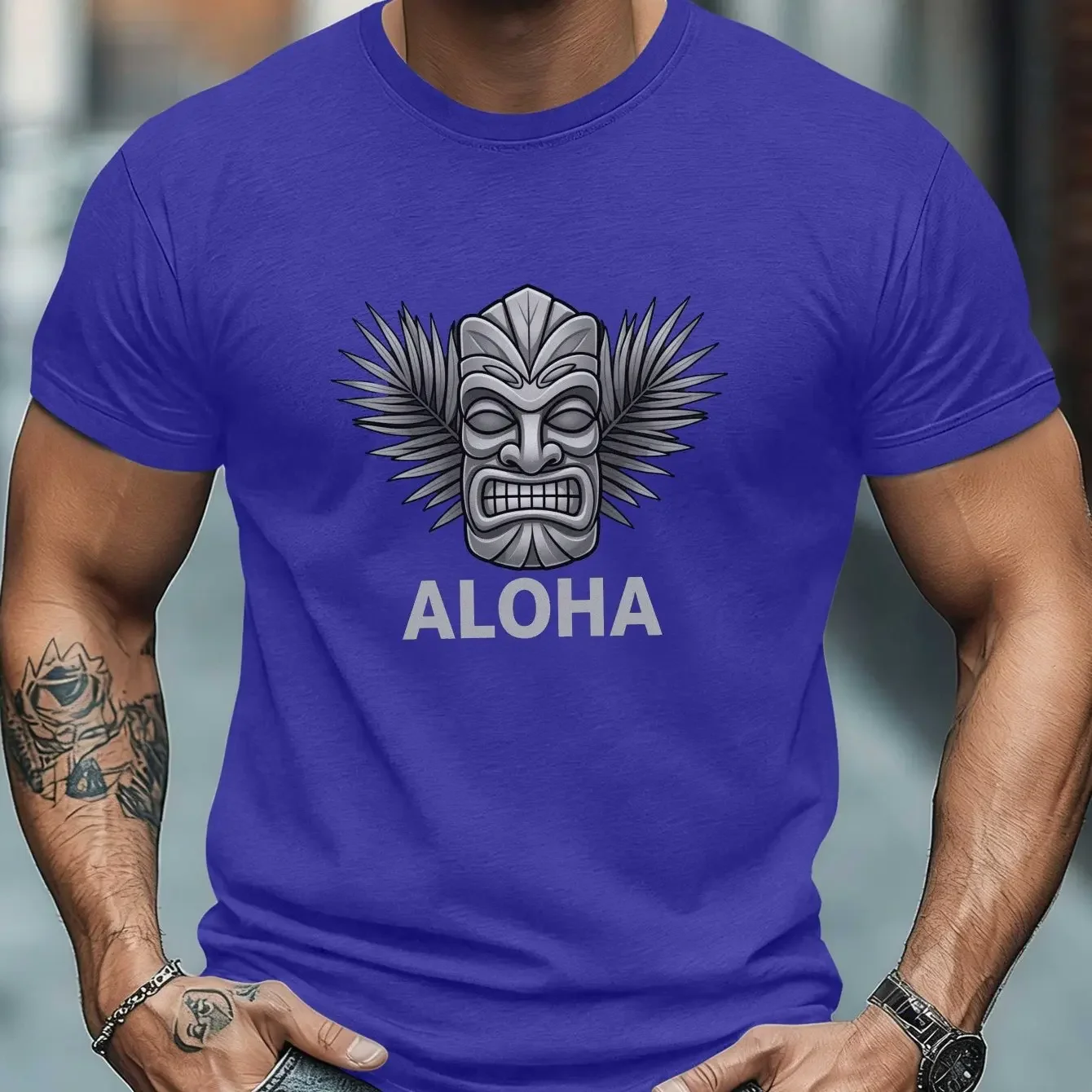 Hawaii Tropical Vacation Gray Scale Tiki Statue Palm Leaf Aloha Simple Graphic Men T-shirt