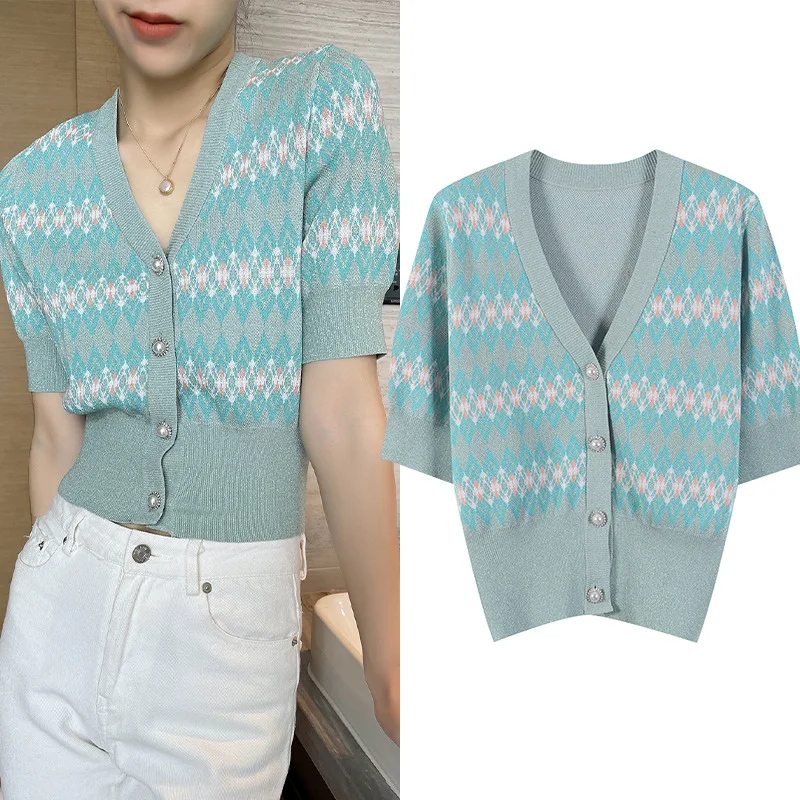 

Высококачественная версия V-Ne в стиле ретро с цветочным принтом и одной пуговицей, вязаный топ с застежкой на талии, летняя новинка для женщин