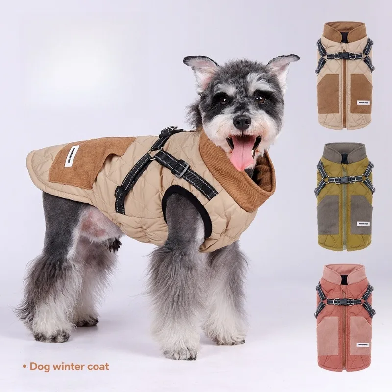 

Winter Dog Jacket Warm Thickened Fleece Pet Coat Adjustable Back Zip Design Leash Hole Outdoor Walking Small Dog Puppy Clothing
