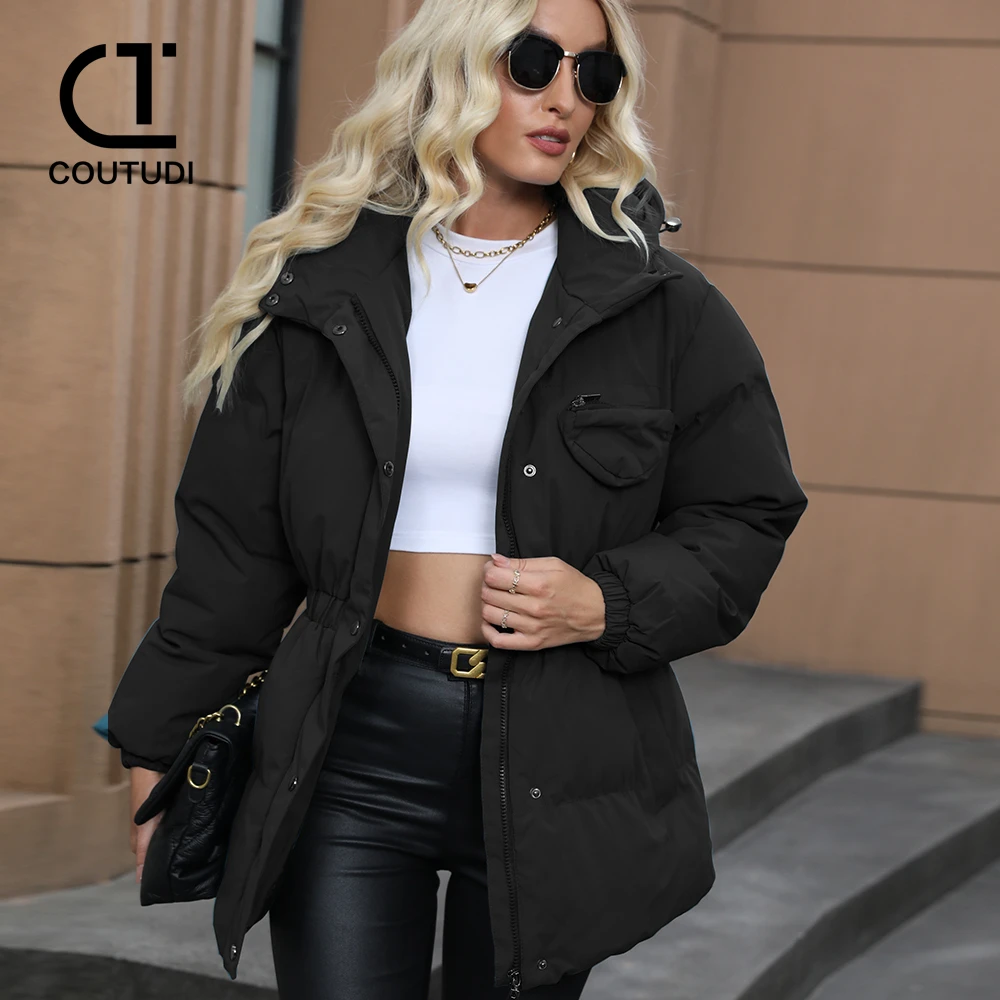 COUTUDI-Long Down Coat for Women, Warm Cotton Padded Jacket, Hooded Long Parkas, Female Winter Outwear, Fashion, 2024