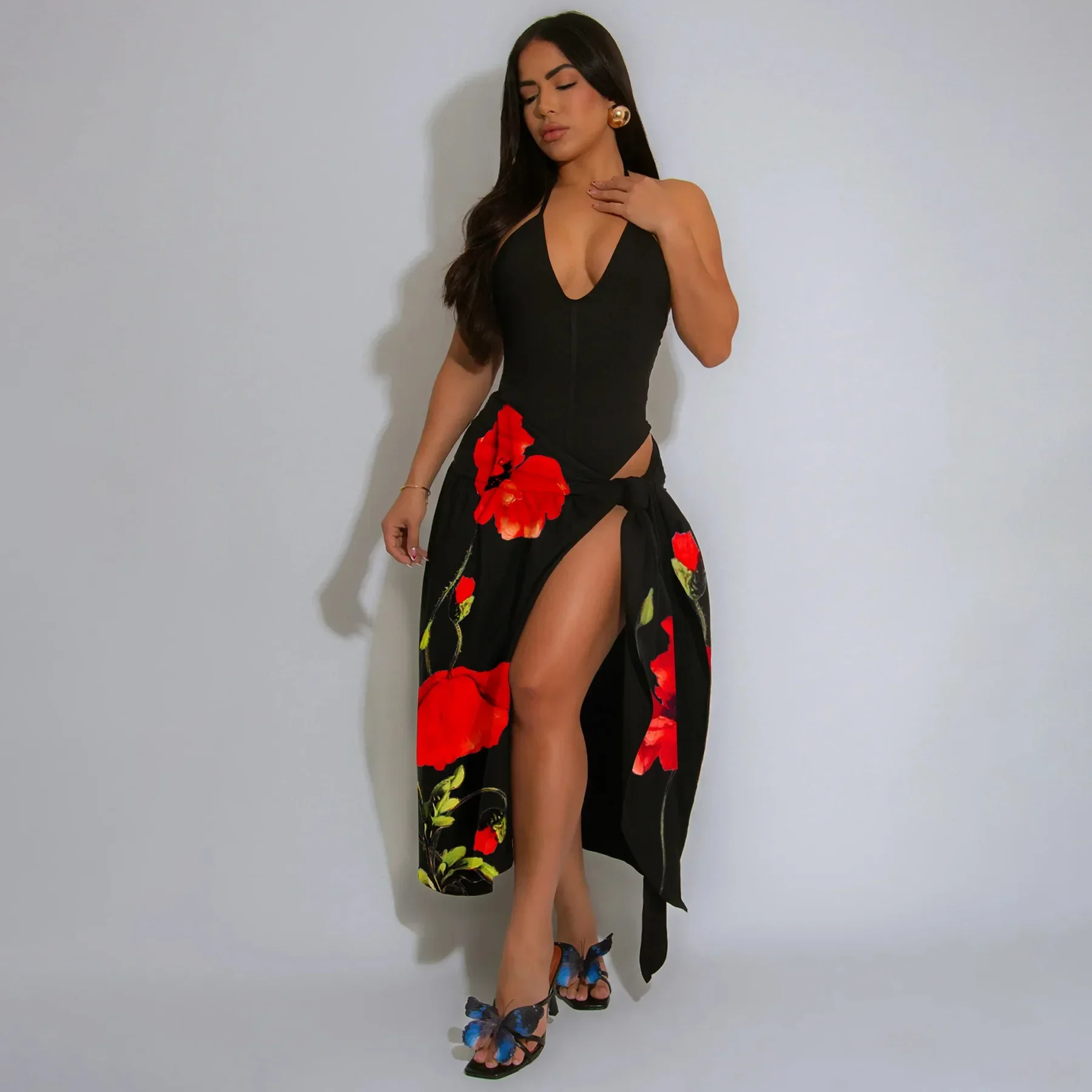 

Summer Fashion Printed Two Piece Set Women Sexy V-neck Sleeveless Jumpsuit Half Skirt Casual Beach Two Piece Set