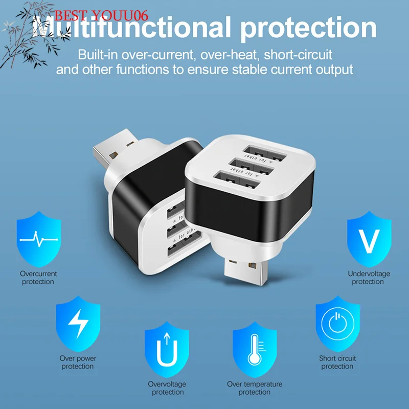 Hot Car USB Charging Extender 2.0 3-port Extended USB Splitter With Indicator Light Plug And Play 3 In 1 For Smart Phones Hubs